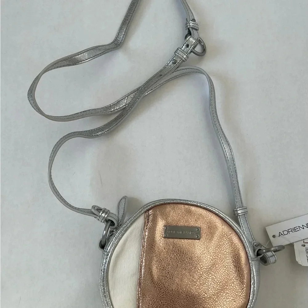 ADRIENNE LANDAU Round zipper Cross Body Silver Rose Gold Pony Shoulder Bag Purse